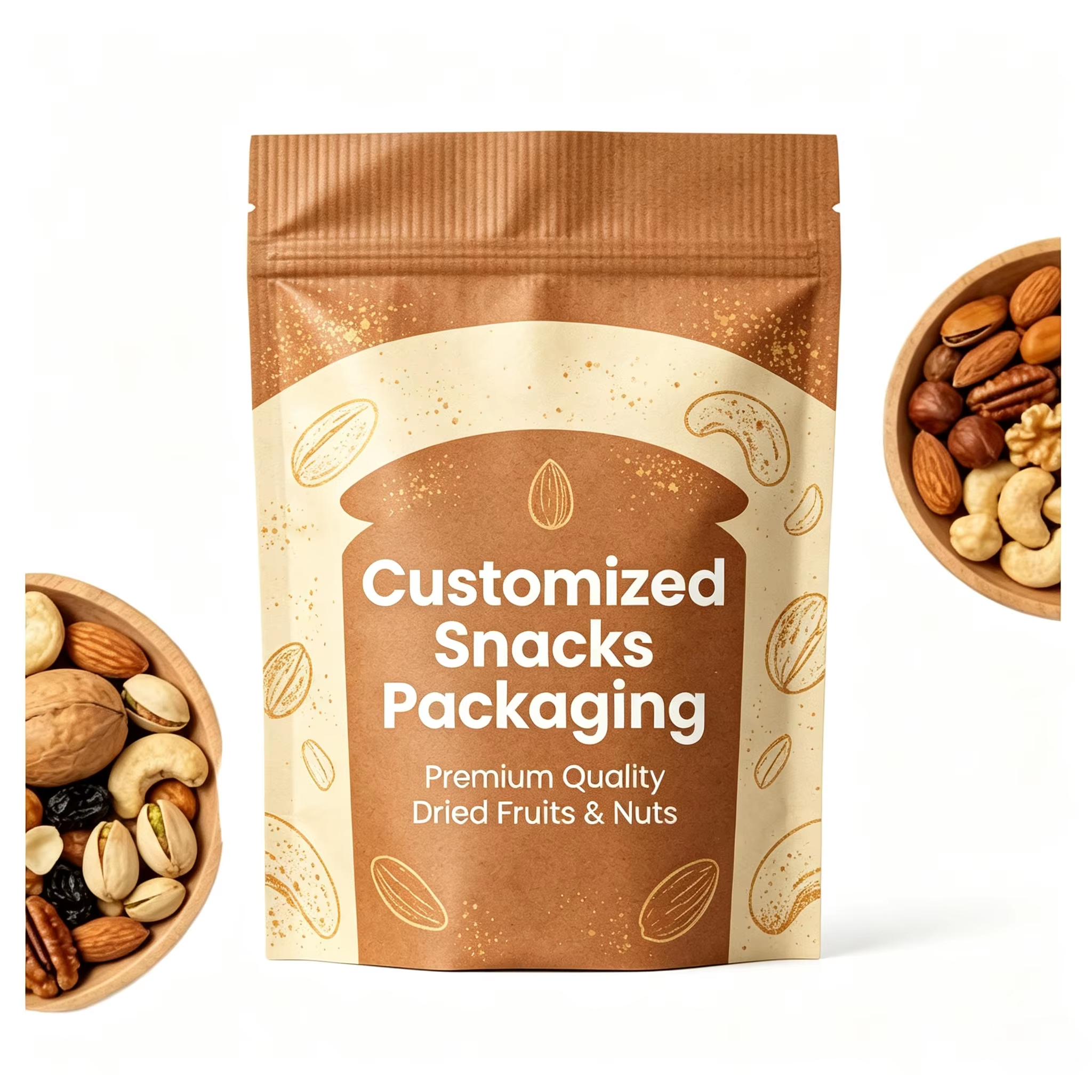 Custom Printed Kraft Paper Stand Up Zipper Pouch for Nuts & Dried Fruits