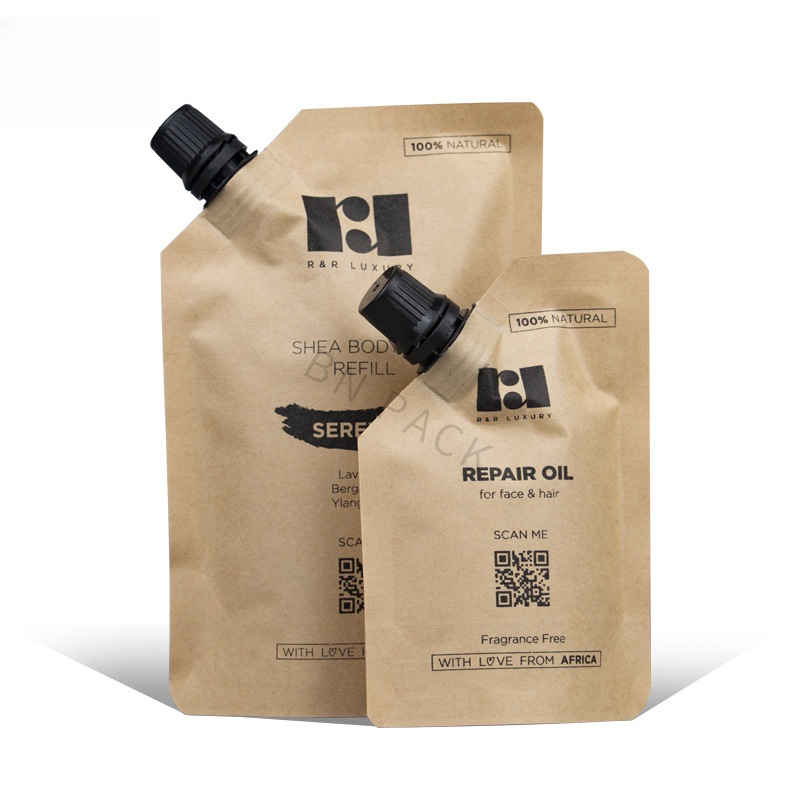 Eco Friendly Biodegradable Packaging Kraft Cosmetic Liquid Refill Spout Pouch