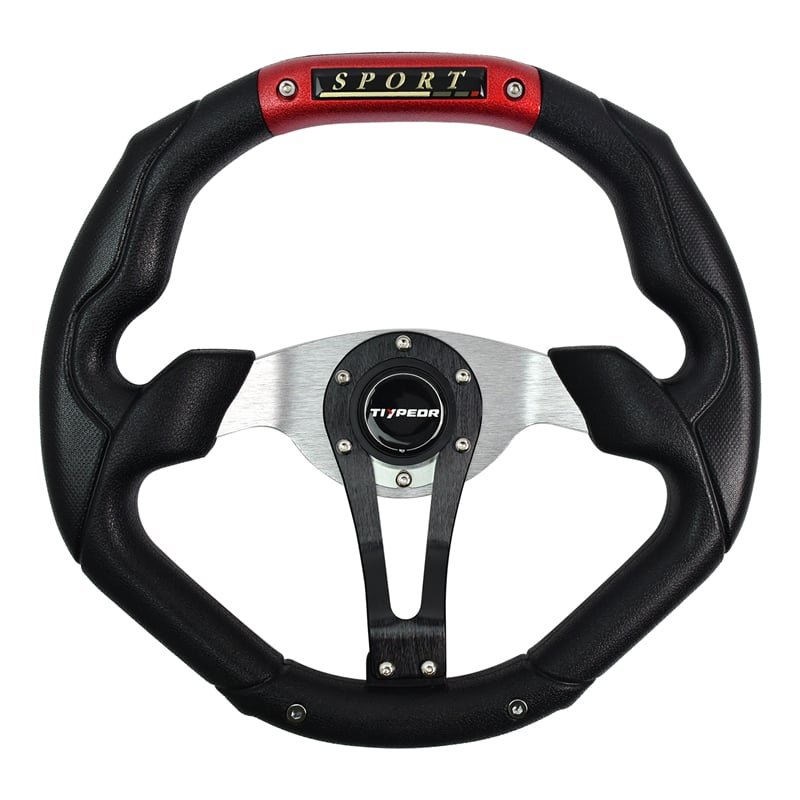 TIYPEOR Universal Car 350mm/14inch Black 6-Bolt Spoke PU Leather Racing Steering Wheel with logo（sport）