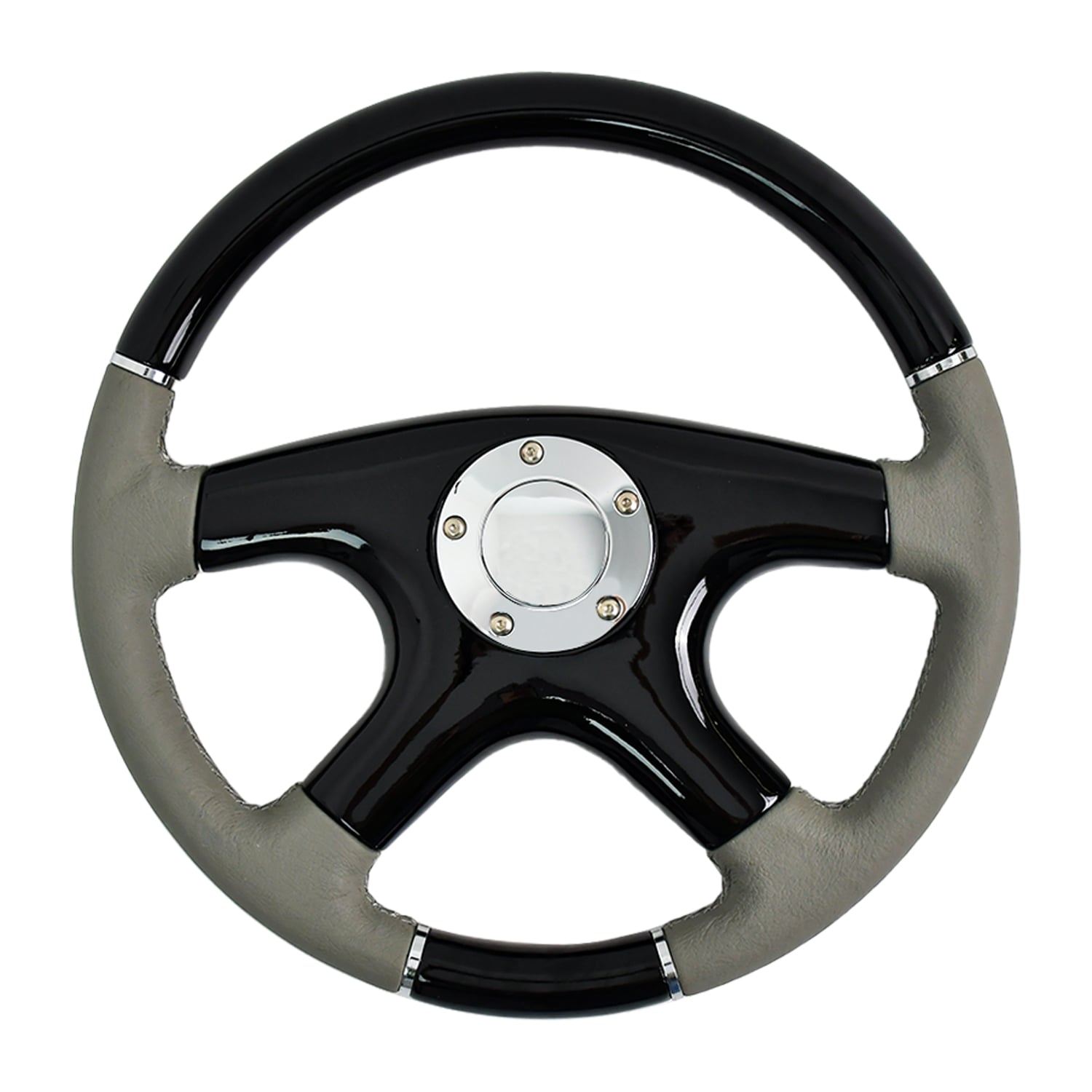 Volant universel TIYPEOR gris à 4 branches en aluminium, fixation à 5 trous, diamètre 15 po / 380 mm, en bois (réf. 140-04)