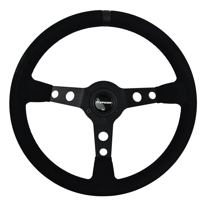 Volant de course universel TIYPEOR en cuir suédé noir 350 mm / 14 pouces (599-01)