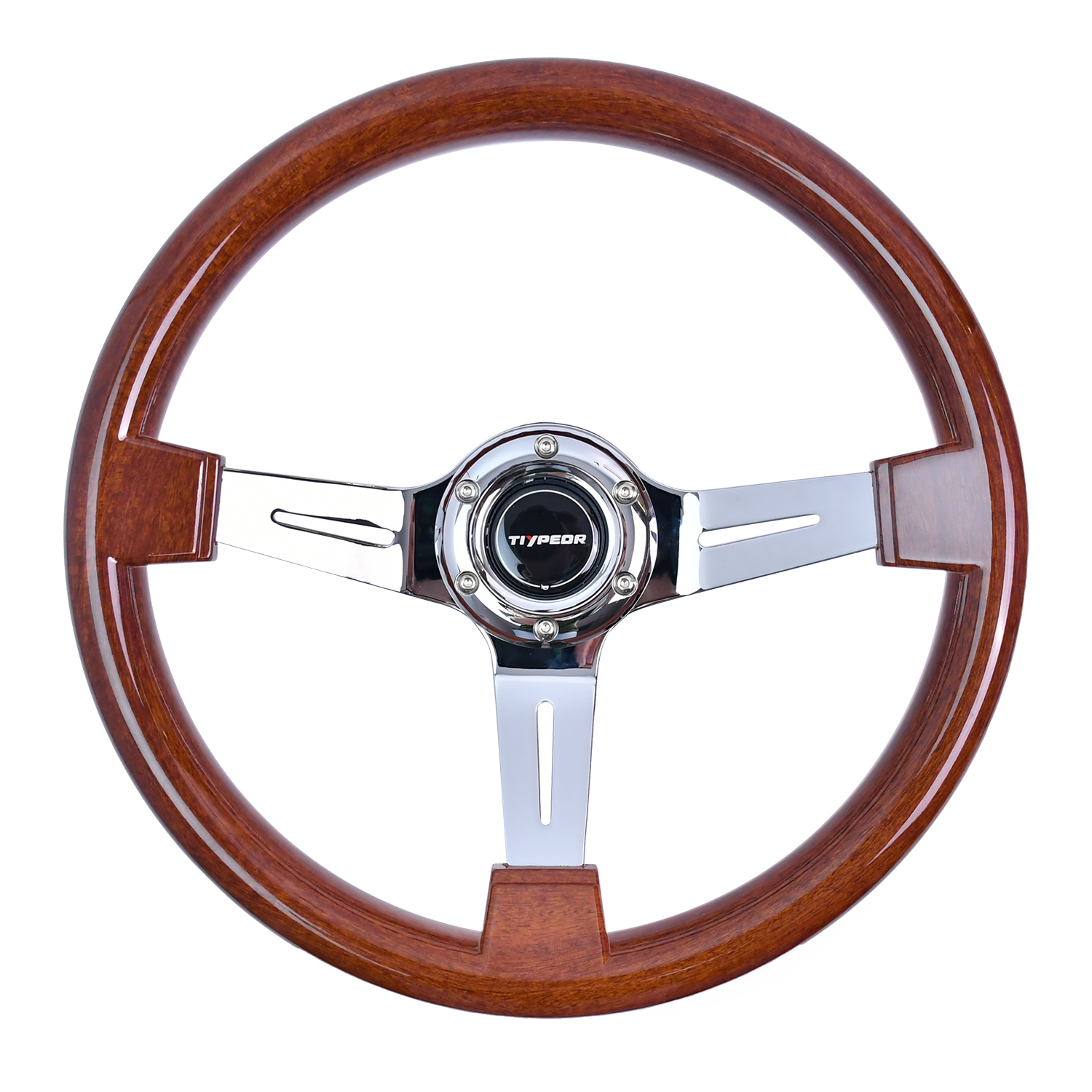 Volant TIYPEOR ABS 14 pouces universel classique à motif bois brossé 3 branches de course avec bouton d'avertisseur 6 trous