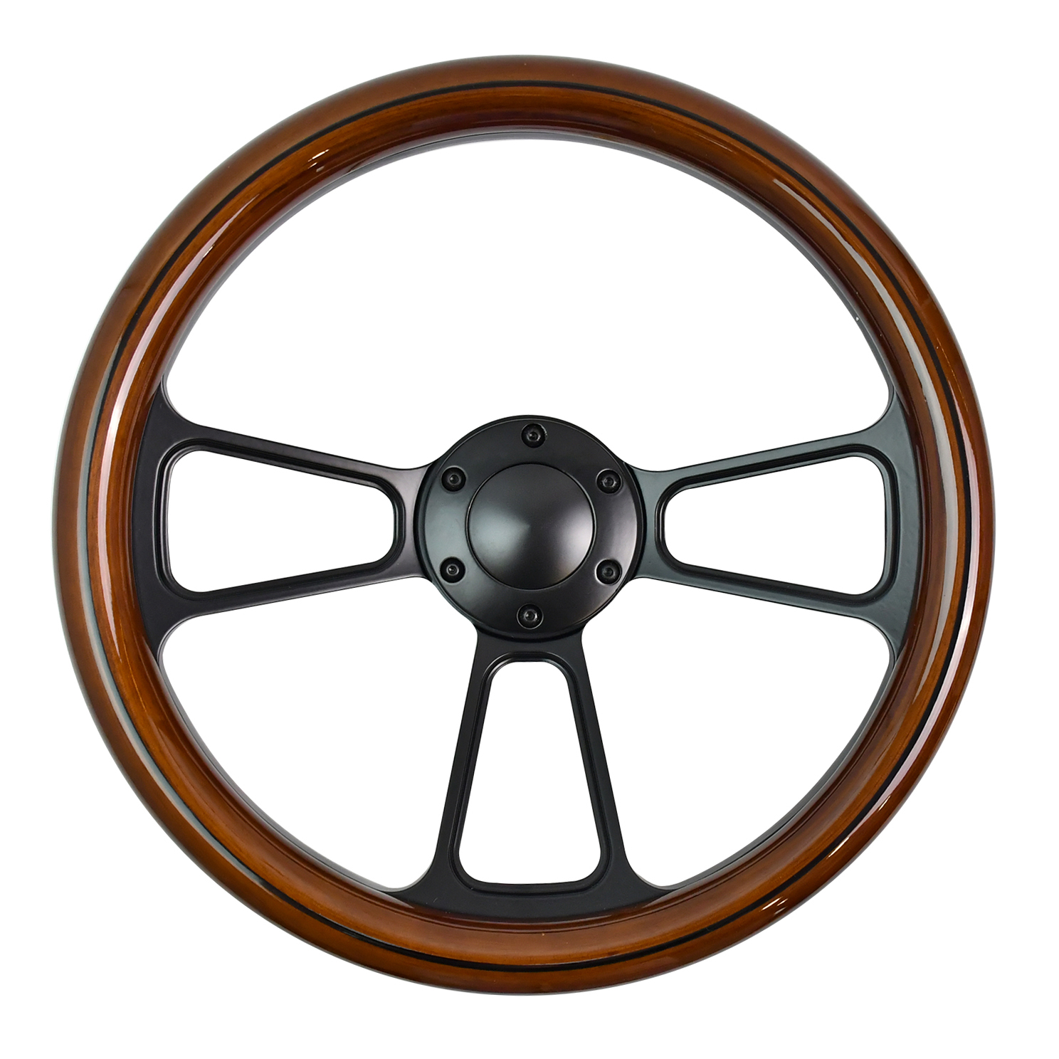 TIYPEOR Volant Classique Universel Automatique en Bois 350mm/14pouces à Rayons Noirs pour Véhicule et Bateau (lignes noires)