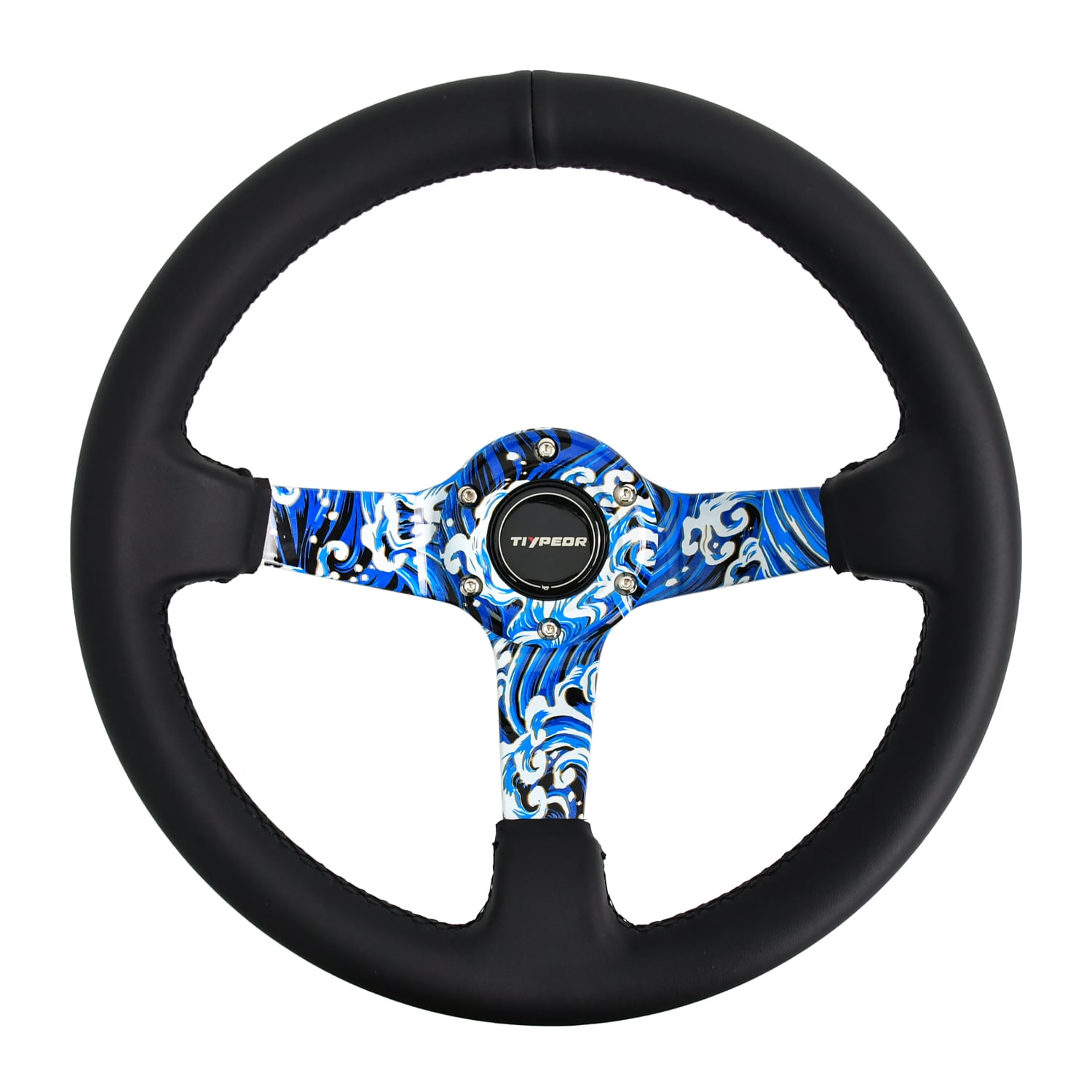Volant de direction TIYPEOR universel à 3 branches avec support en aluminium, motif vague marine, 12,8 po / 325 mm, en cuir (314-15)