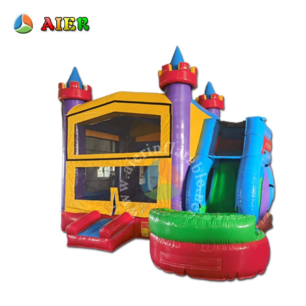 Colorful Dry-Wet Combo Inflatable Bounce House with Slide & Pool for Backyard Summer Play