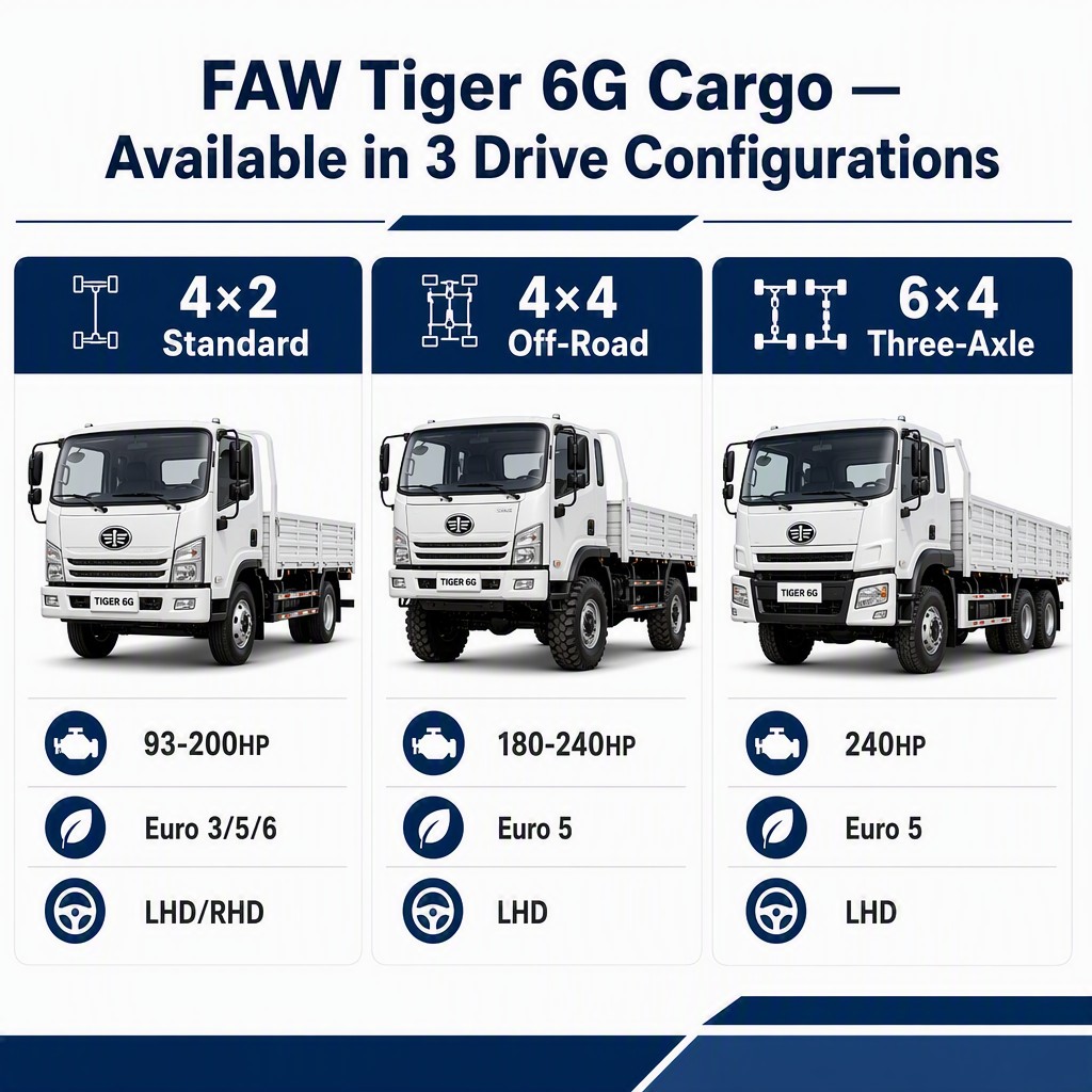 FAW Tiger 6G Cargo Truck 93–240HP Euro 3/5/6 Available in 4×2 / 4×4 Off-Road / 6×4 Three-Axle LHD/RHD Export