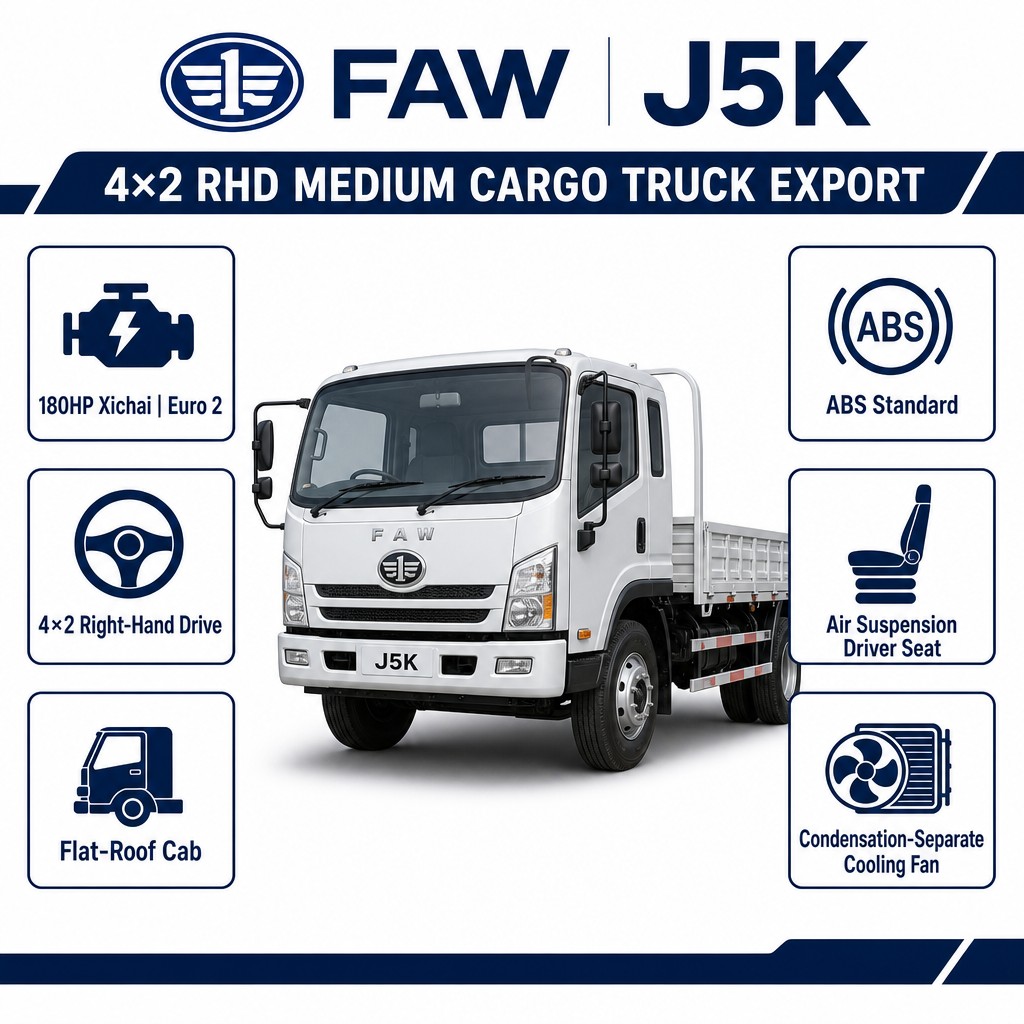 FAW J5K 4×2 Medium Cargo Truck 180HP Euro 2 Right-Hand Drive ABS Air Suspension Seat Export