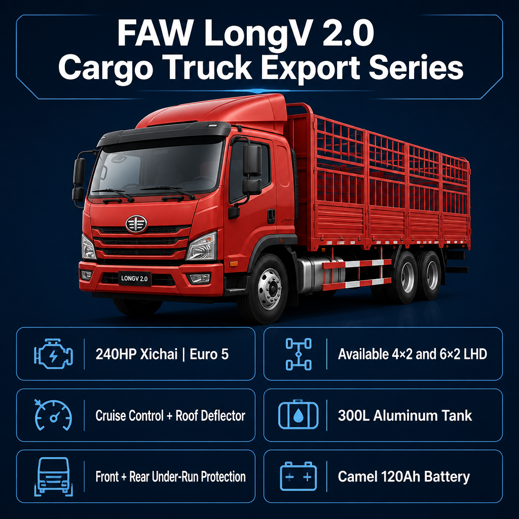 FAW LongV 2.0 Cargo Truck 240HP Euro 5 Available in 4×2 and 6×2 LHD Cruise Control Roof Deflector 300L Tank Export