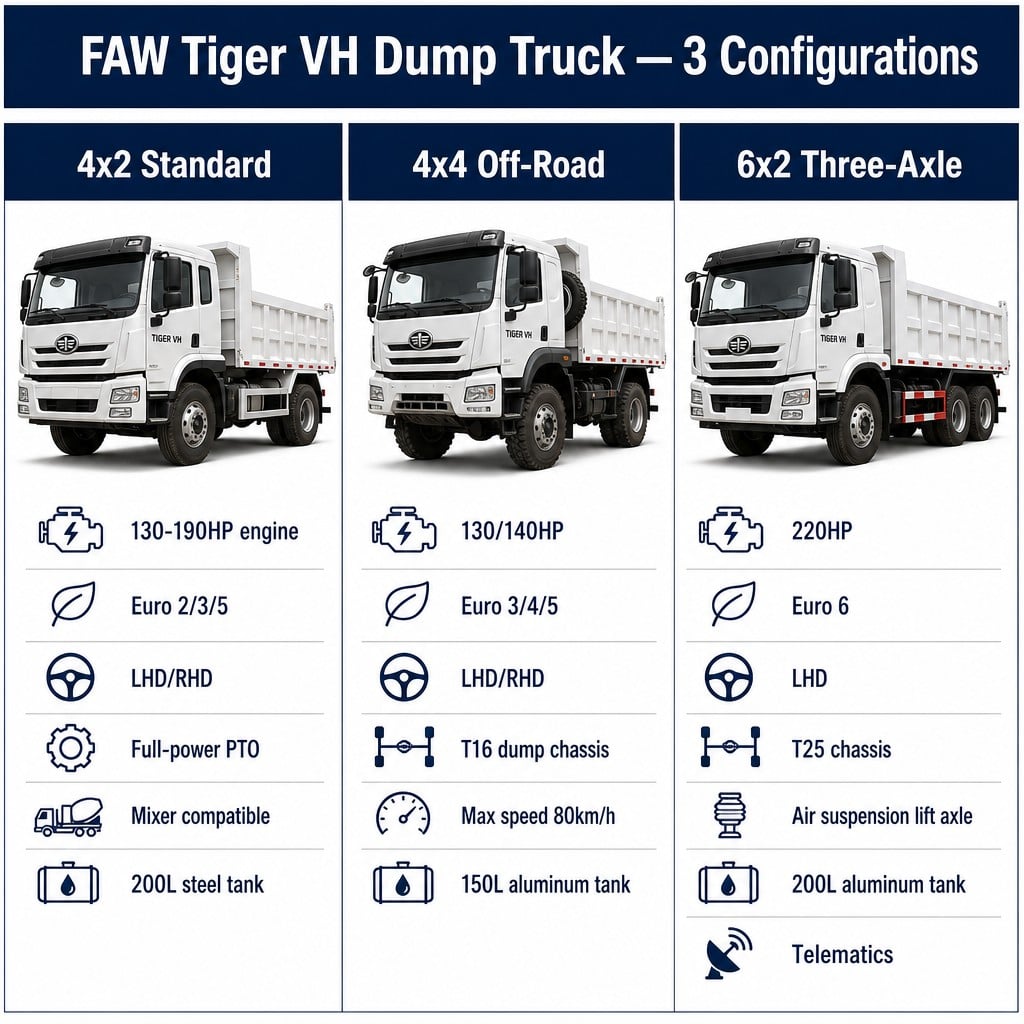FAW Tiger VH Dump Truck 130–220HP Euro 2~6 Available in 4×2 / 4×4 Off-Road / 6×2 Three-Axle LHD/RHD Export