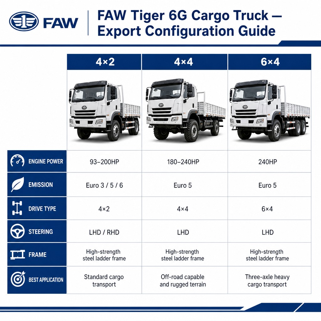 FAW Tiger 6G Cargo Truck 93–240HP Euro 3/5/6 Available in 4×2 / 4×4 Off-Road / 6×4 Three-Axle LHD/RHD Export