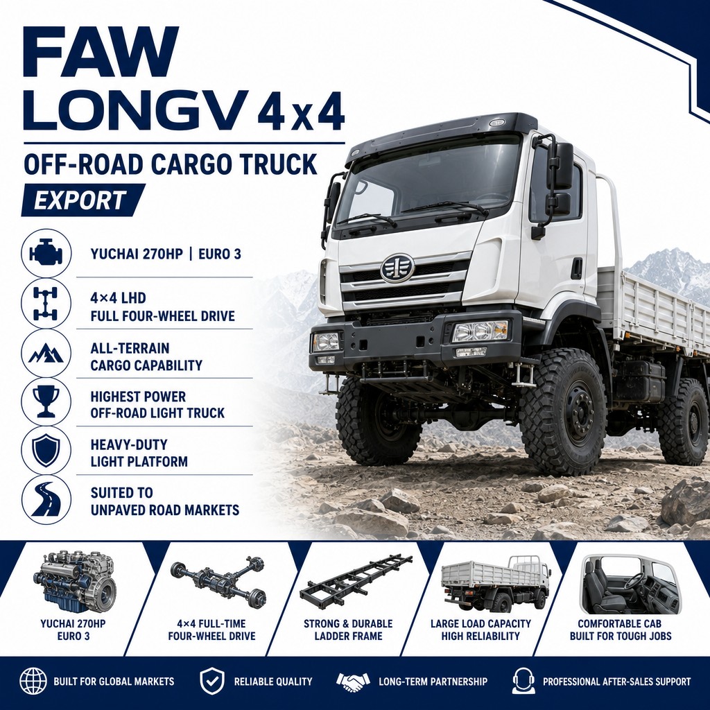 FAW LongV 4×4 Off-Road Heavy-Duty Light Cargo Truck 270HP Euro 3 LHD All-Terrain Full Four-Wheel Drive Export