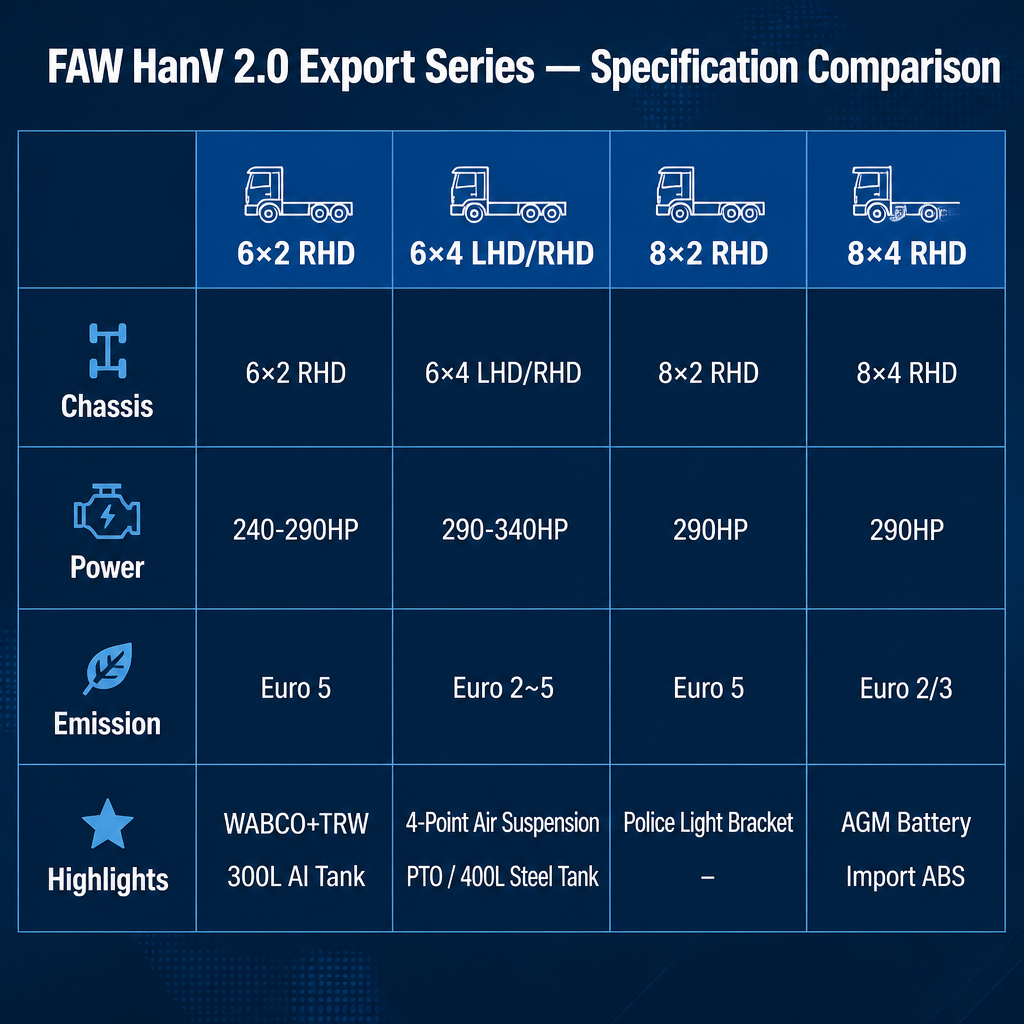 FAW HanV 2.0 Cargo Truck 240–340HP Euro 2~5 Available in 6×2 / 6×4 / 8×2 / 8×4 WABCO TRW Leather Seat Export