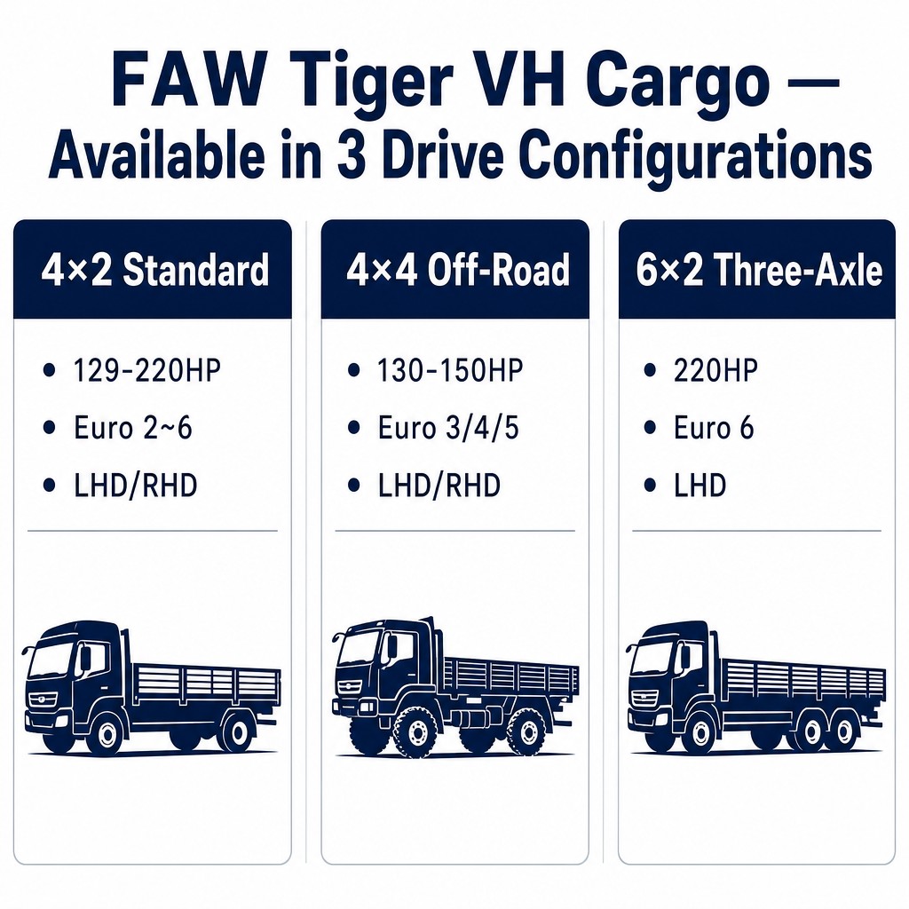 FAW Tiger VH Cargo Truck 129–220HP Euro 2~6 Available in 4×2 / 4×4 Off-Road / 6×2 Three-Axle LHD/RHD Export