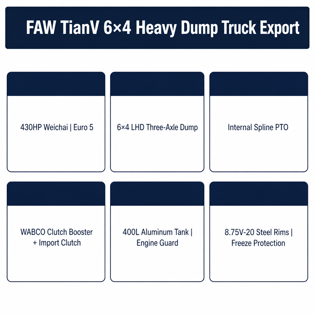 FAW TianV 6×4 Heavy Dump Truck 430HP Euro 5 LHD Internal PTO WABCO Engine Guard Freeze Protection Export