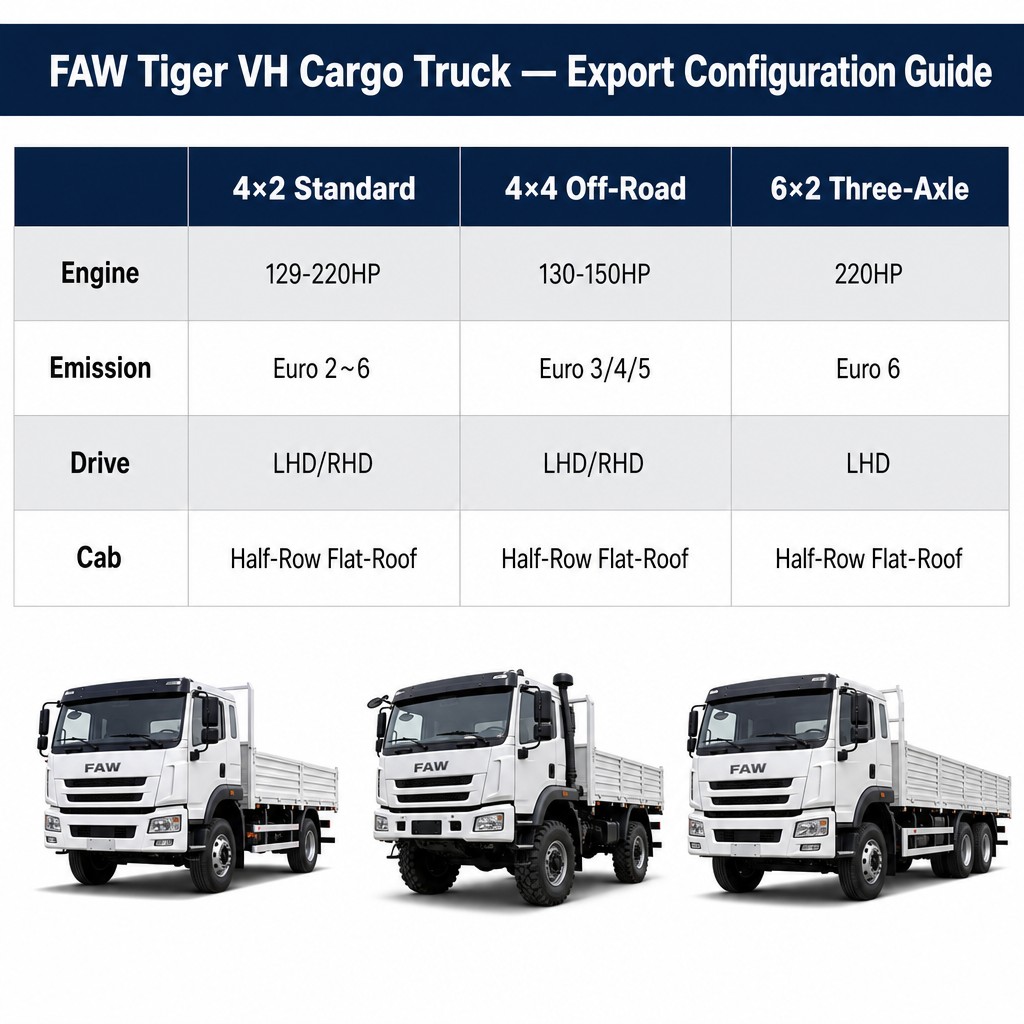 FAW Tiger VH Cargo Truck 129–220HP Euro 2~6 Available in 4×2 / 4×4 Off-Road / 6×2 Three-Axle LHD/RHD Export