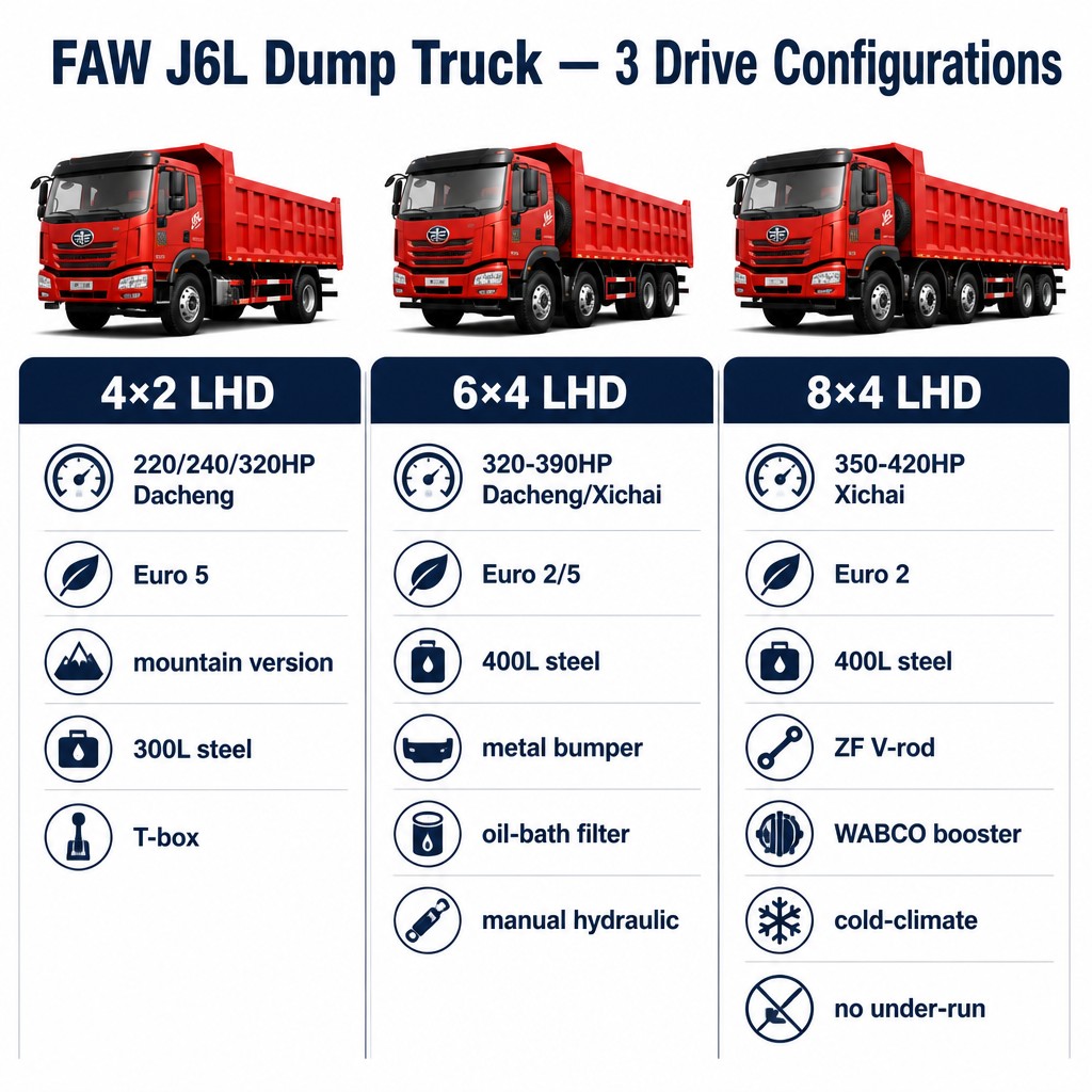 FAW J6L Heavy Dump Truck 220–420HP Euro 2/5 Available in 4×2 / 6×4 / 8×4 LHD Export