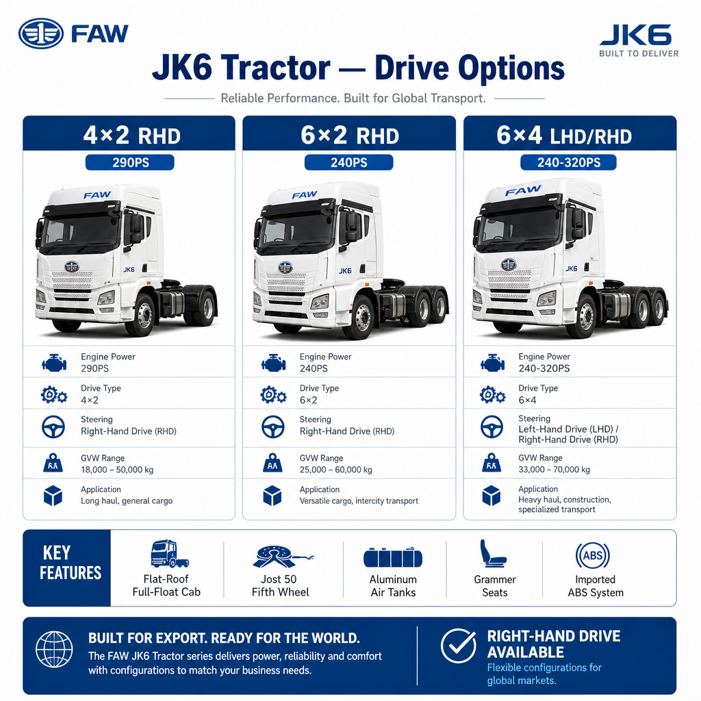 FAW JK6 Tractor Truck | 4×2 / 6×2 / 6×4 | RHD Export | 240-320PS | Euro V