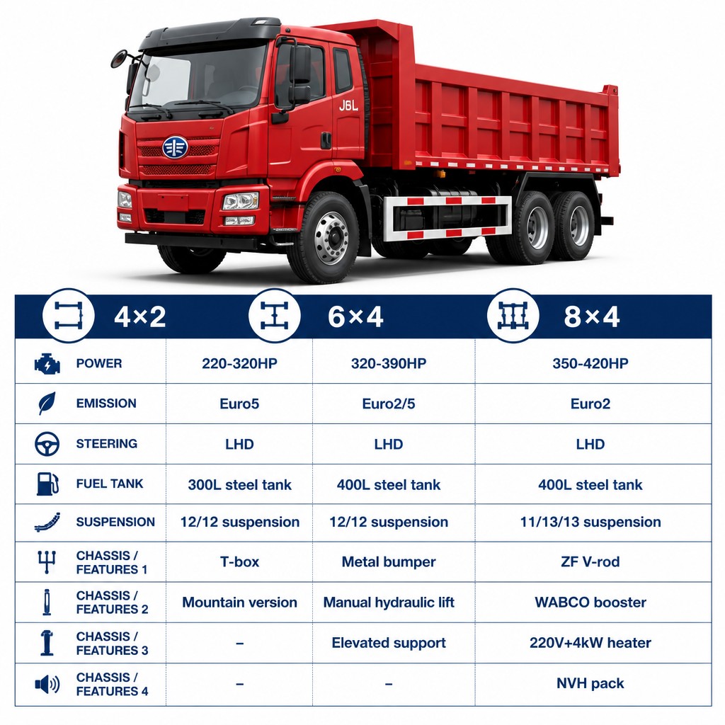 FAW J6L Heavy Dump Truck 220–420HP Euro 2/5 Available in 4×2 / 6×4 / 8×4 LHD Export
