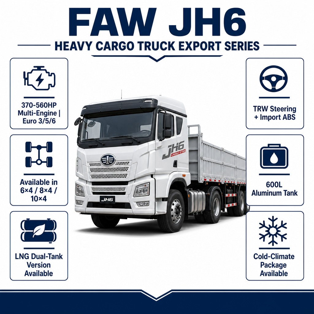 FAW JH6 Heavy Cargo Truck 360–560HP Euro 3~6 Available in 6×4 LNG / 8×4 Diesel / 10×4 Five-Axle LHD Export