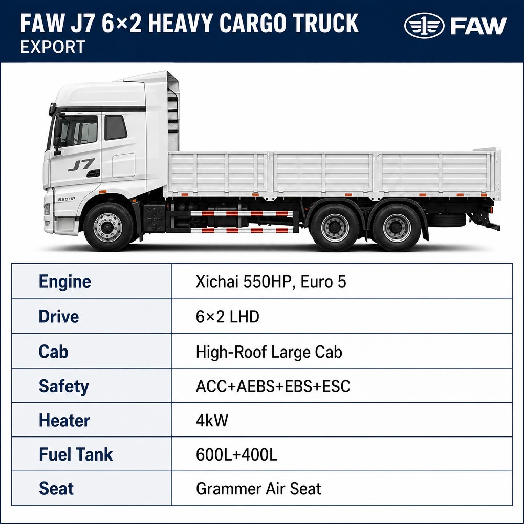 FAW J7 6×2 Heavy Cargo Truck 550HP Euro 5 LHD Premium Long-Haul Flagship ACC AEBS EBS ESC 4kW Heater Export