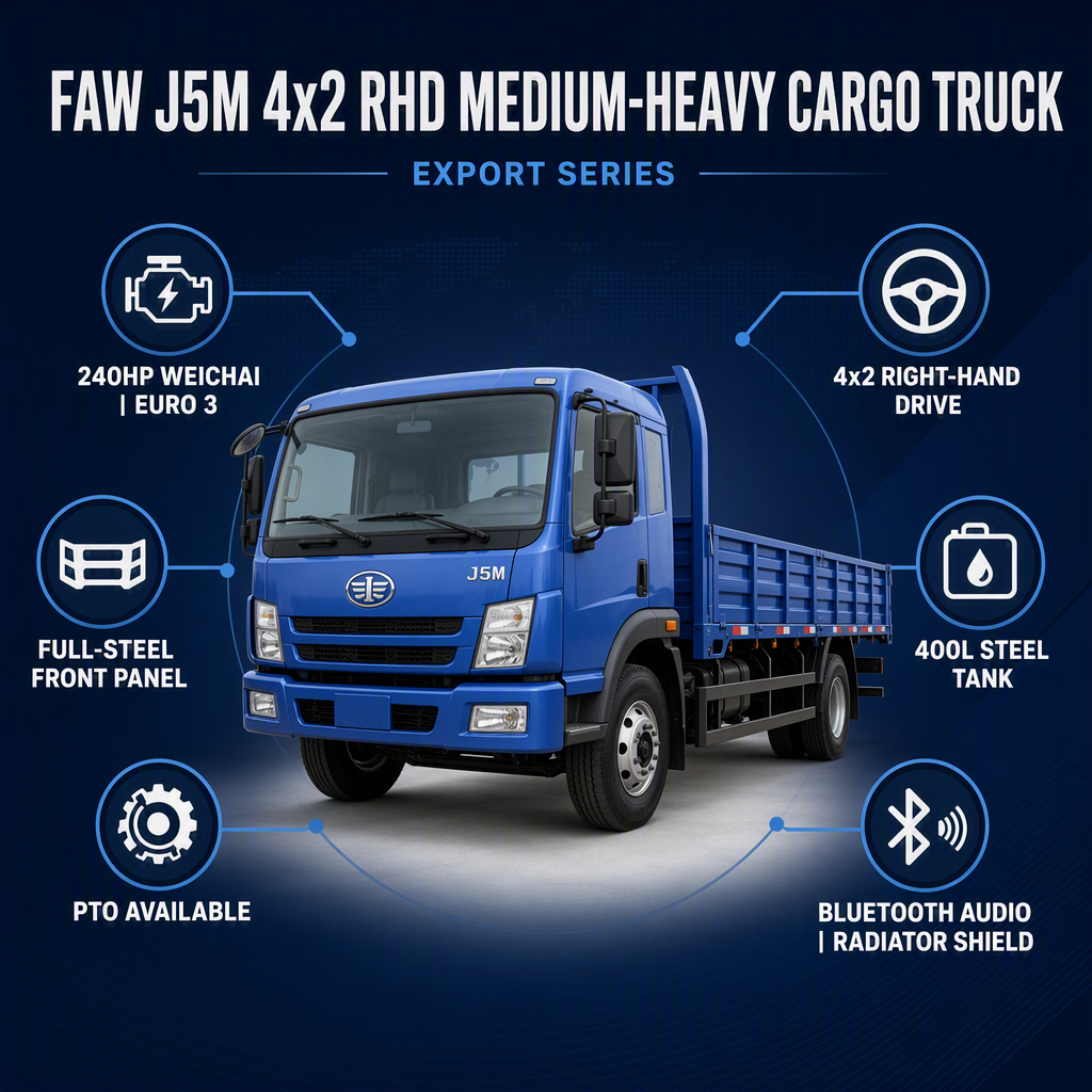 FAW J5M 4×2 Medium-Heavy Cargo Truck 240HP Euro 3 Right-Hand Drive PTO Full-Steel Front Panel Bluetooth Export