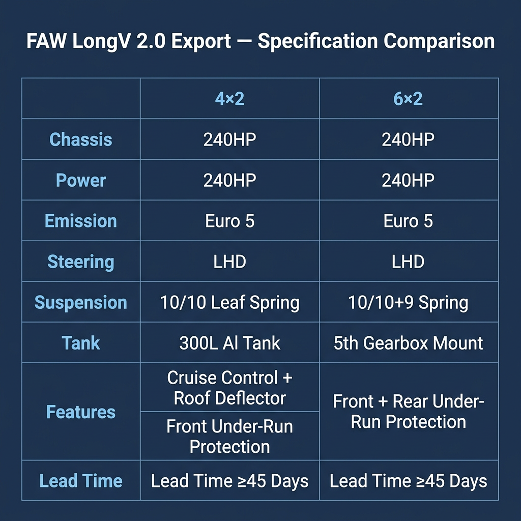 FAW LongV 2.0 Cargo Truck 240HP Euro 5 Available in 4×2 and 6×2 LHD Cruise Control Roof Deflector 300L Tank Export