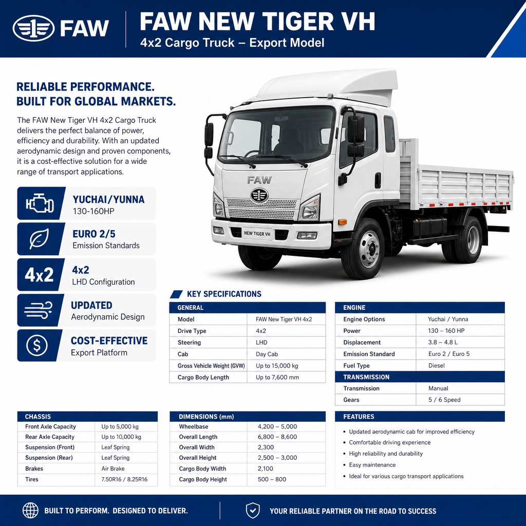 FAW New Tiger VH 4×2 Light Cargo Truck 130–160HP Euro 2/5 LHD Updated Aerodynamic Cab Cost-Effective Export