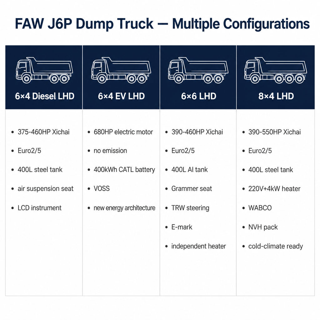 FAW J6P Heavy Dump Truck 375–550HP Also Available in EV Electric Version Multiple Drive Configs Export