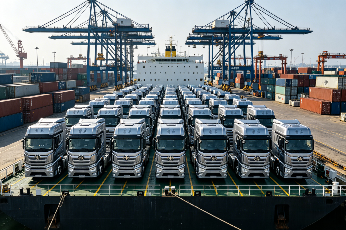 100 tracteurs lourds FAW J7 appareillent vers l’Afrique du Sud depuis le port de Tianjin