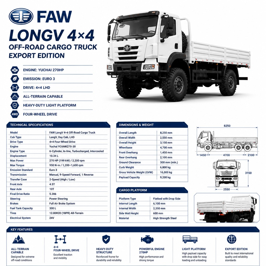 FAW LongV 4×4 Off-Road Heavy-Duty Light Cargo Truck 270HP Euro 3 LHD All-Terrain Full Four-Wheel Drive Export