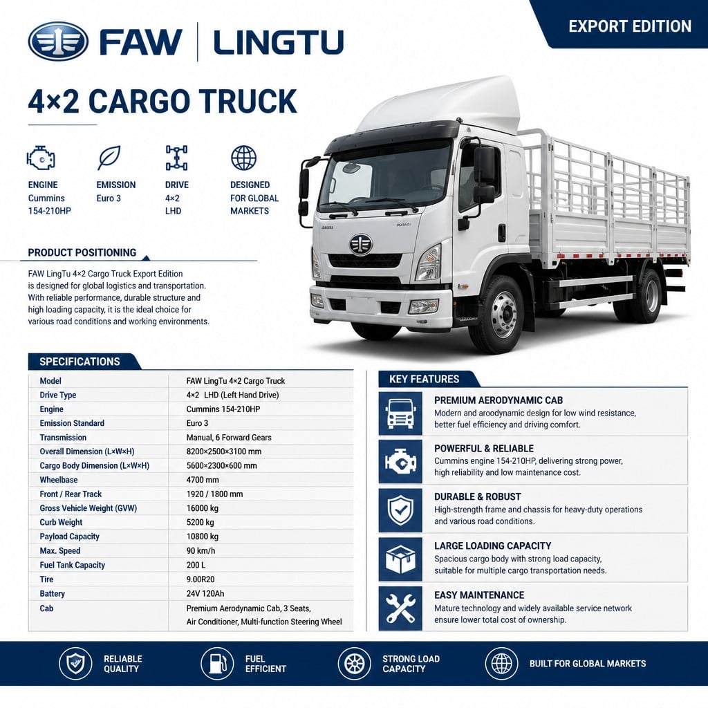FAW LingTu 4×2 Medium Cargo Truck 154–210HP Euro 3 LHD Cummins Engine Premium Aerodynamic Cab Export