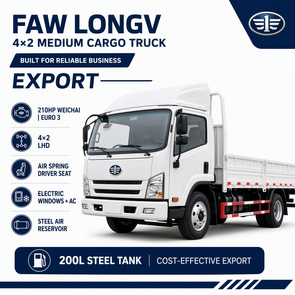 FAW LongV 4×2 Medium Cargo Truck 210HP Euro 3 LHD Air Spring Seat Electric Windows AC Export