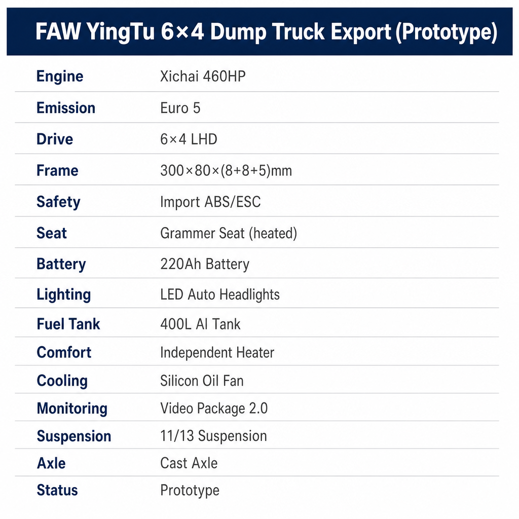 FAW YingTu 6×4 Heavy Dump Truck 460HP Euro 5 LHD Import ABS/ESC Grammer Seat 220Ah LED Headlights Export — Prototype