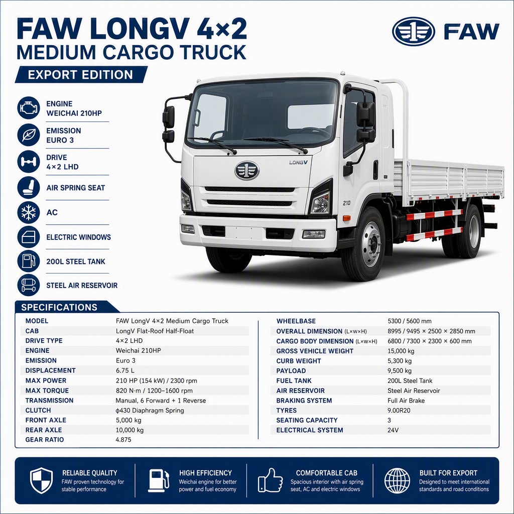 FAW LongV 4×2 Medium Cargo Truck 210HP Euro 3 LHD Air Spring Seat Electric Windows AC Export