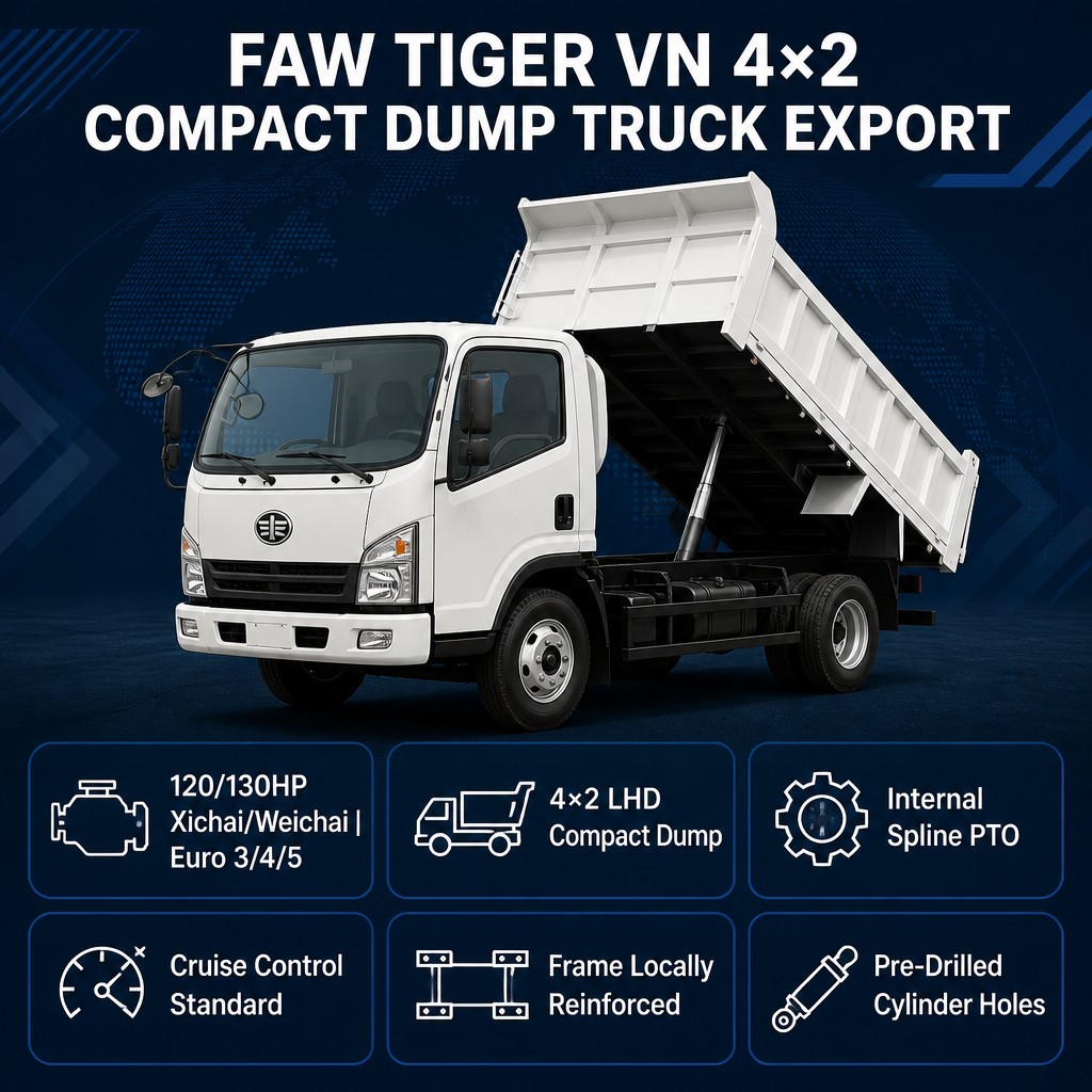 FAW Tiger VN 4×2 Compact Dump Truck 120/130HP Euro 3/4/5 LHD Internal PTO Cruise Control Frame Reinforced Export