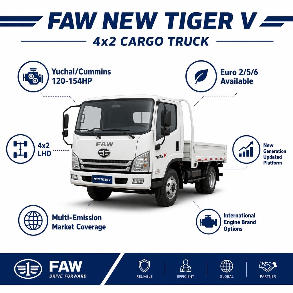 FAW New Tiger V 4×2 Light Cargo Truck 120–154HP Euro 2/5/6 LHD Yuchai/Cummins Updated Generation Export