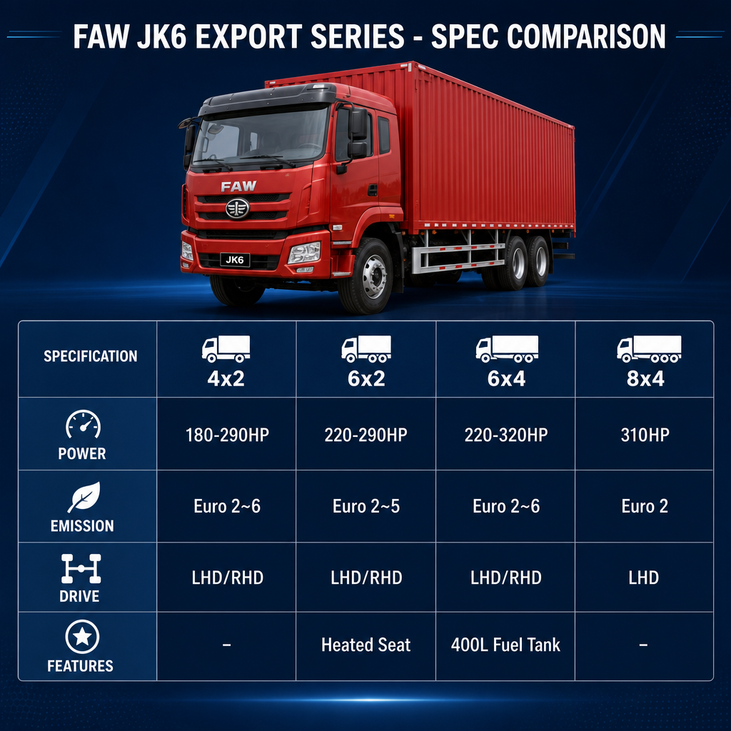 FAW JK6 Heavy Cargo Truck 180–320HP Euro 2~6 Available in 4×2 / 6×2 / 6×4 / 8×4 LHD/RHD Import ABS 360° Camera Export