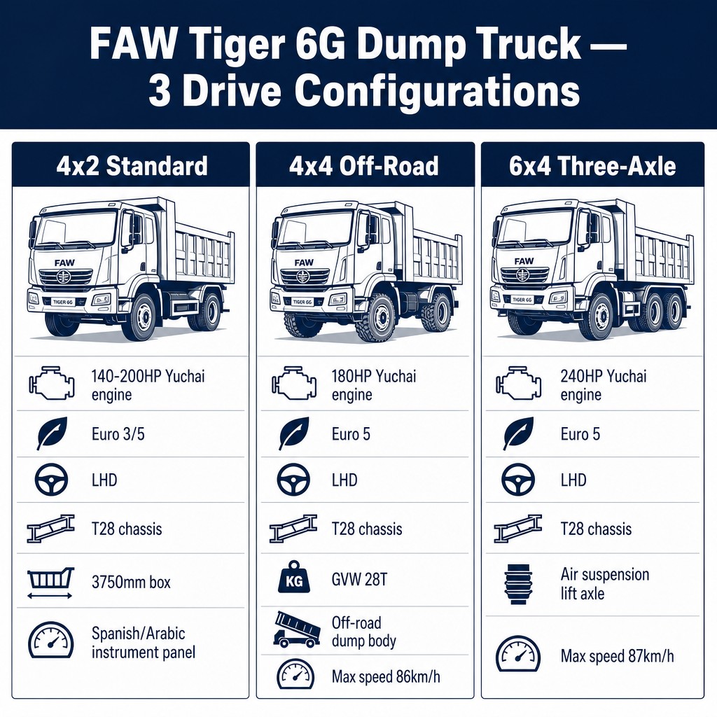 FAW Tiger 6G Dump Truck 140–240HP Euro 3/5 Available in 4×2 / 4×4 Off-Road / 6×4 Three-Axle T28 Chassis Export