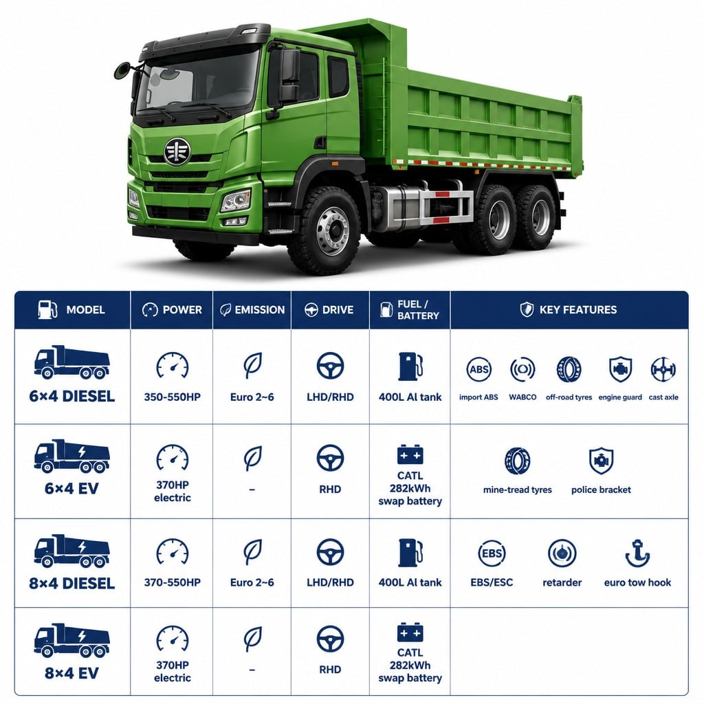 FAW JH6 Heavy Dump Truck 350–550HP Euro 2~6 Available in 6×4 and 8×4 Including EV Electric Versions LHD/RHD Export