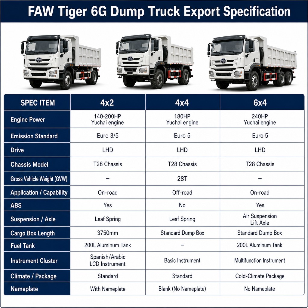 FAW Tiger 6G Dump Truck 140–240HP Euro 3/5 Available in 4×2 / 4×4 Off-Road / 6×4 Three-Axle T28 Chassis Export