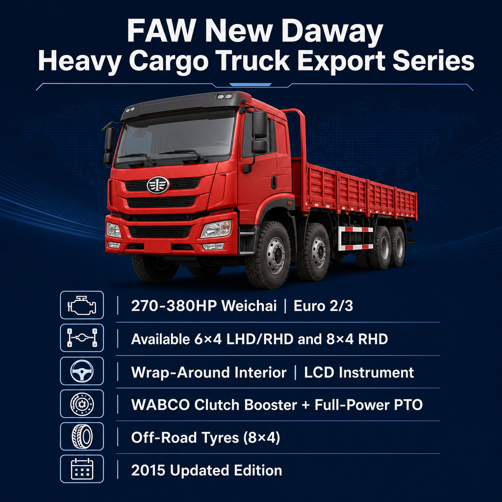 FAW New Daway Heavy Cargo Truck 270–380HP Euro 2/3 Available in 6×4 LHD/RHD and 8×4 RHD Wrap-Around Cab WABCO PTO 2015 Upgraded Export