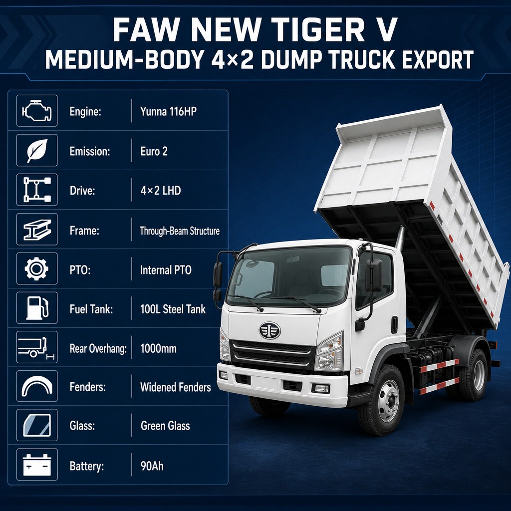 FAW New Tiger V Medium-Body 4×2 Dump Truck 116HP Euro 2 LHD Through-Beam Frame PTO Green-Tint Glass Updated Fenders Export