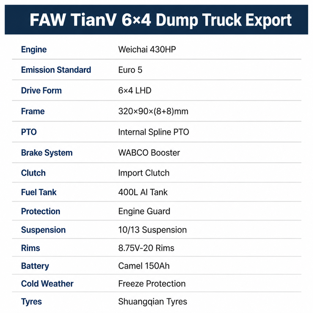 FAW TianV 6×4 Heavy Dump Truck 430HP Euro 5 LHD Internal PTO WABCO Engine Guard Freeze Protection Export