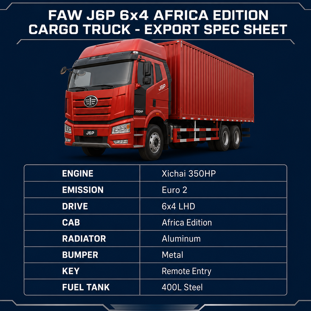 FAW J6P 6×4 Heavy Cargo Truck 350HP Euro 2 Africa Edition LHD Aluminum Radiator Remote Key Metal Bumper Export