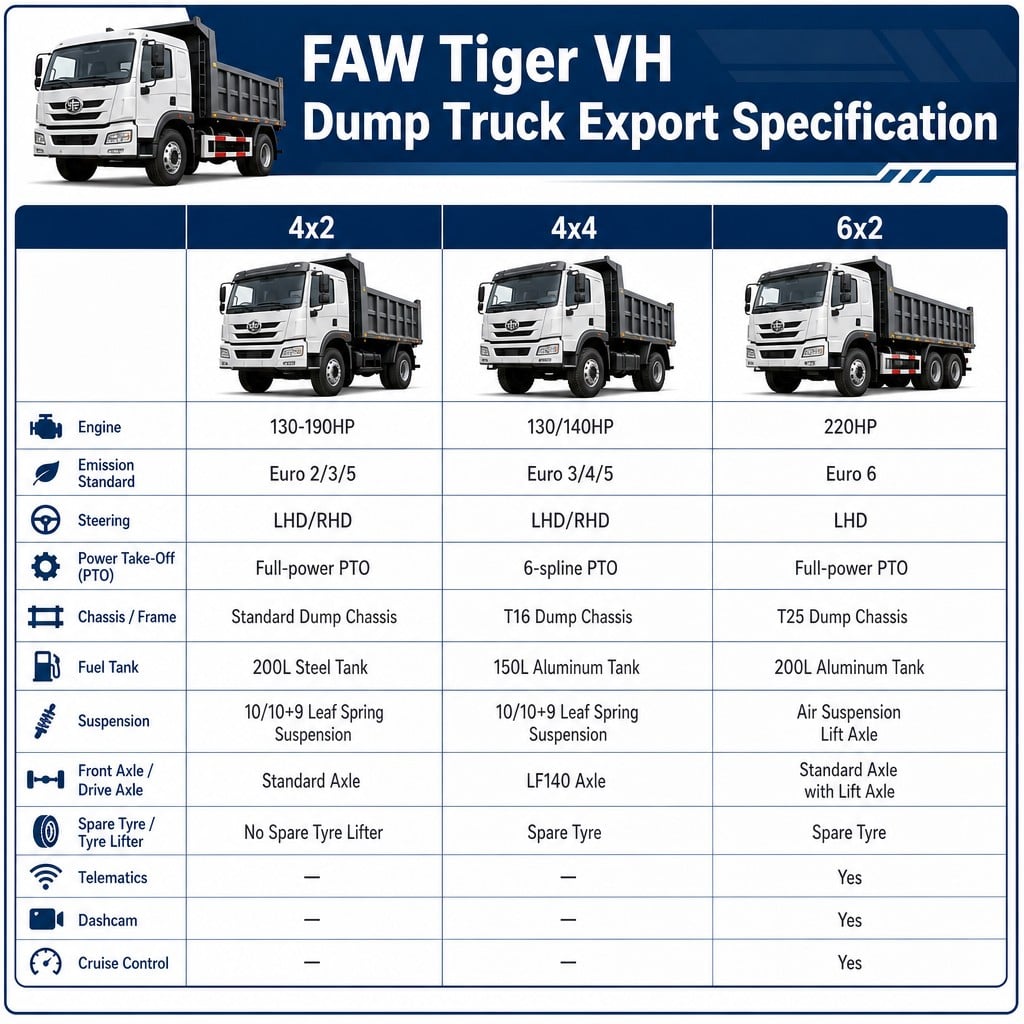 FAW Tiger VH Dump Truck 130–220HP Euro 2~6 Available in 4×2 / 4×4 Off-Road / 6×2 Three-Axle LHD/RHD Export