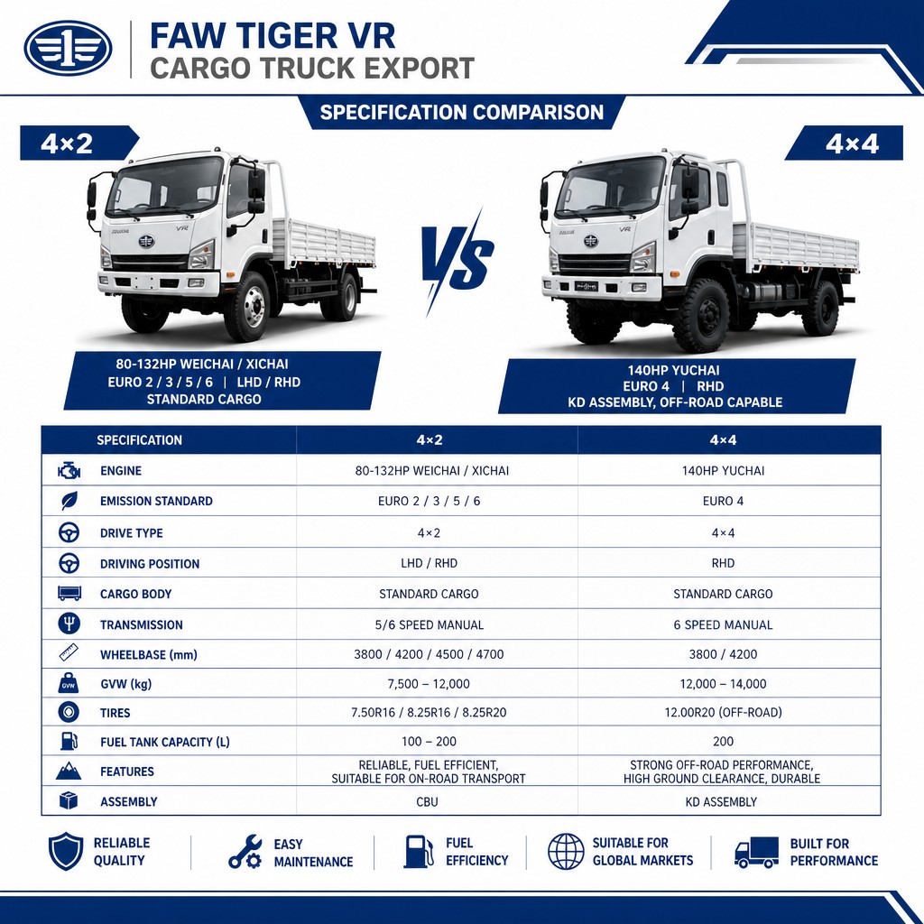 FAW Tiger VR Cargo Truck 80–140HP Euro 2~6 Available in 4×2 LHD/RHD and 4×4 RHD KD Assembly Export
