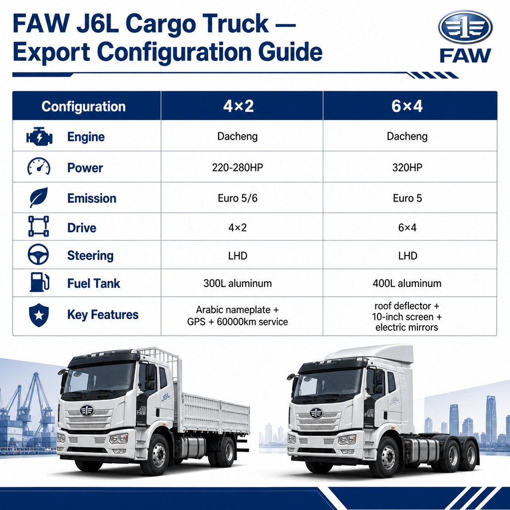 FAW J6L Cargo Truck 220–320HP Euro 5/6 Available in 4×2 and 6×4 Three-Axle LHD Export Heavy-Duty Truck