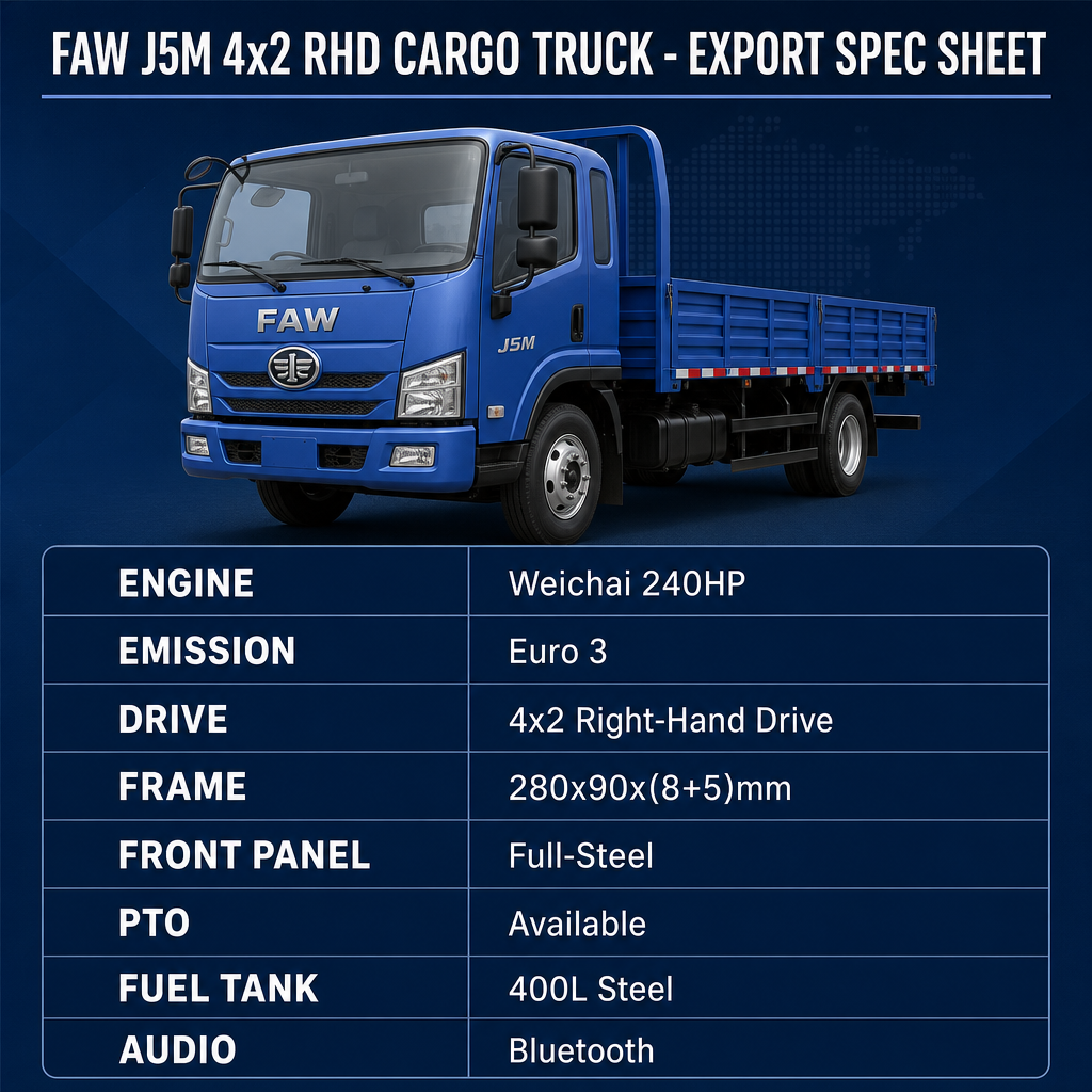 FAW J5M 4×2 Medium-Heavy Cargo Truck 240HP Euro 3 Right-Hand Drive PTO Full-Steel Front Panel Bluetooth Export