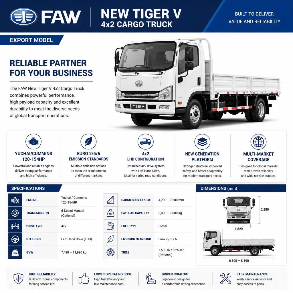 FAW New Tiger V 4×2 Light Cargo Truck 120–154HP Euro 2/5/6 LHD Yuchai/Cummins Updated Generation Export