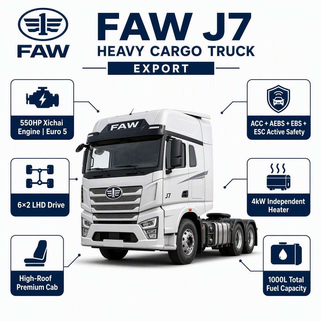 FAW J7 6×2 Heavy Cargo Truck 550HP Euro 5 LHD Premium Long-Haul Flagship ACC AEBS EBS ESC 4kW Heater Export